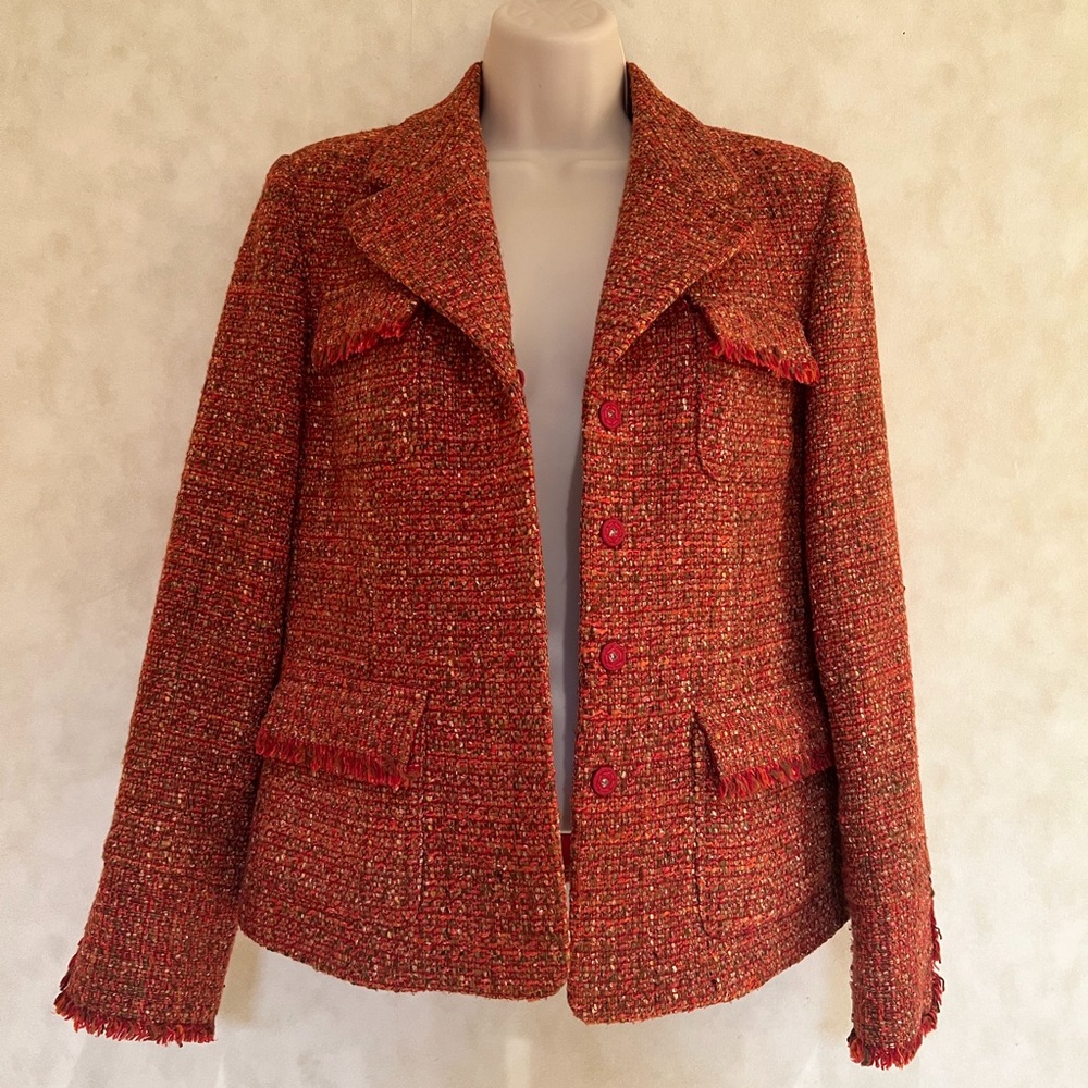 Alfani Women's Orange Tweed Jacket Fringe Pockets Wool Blend Size 4